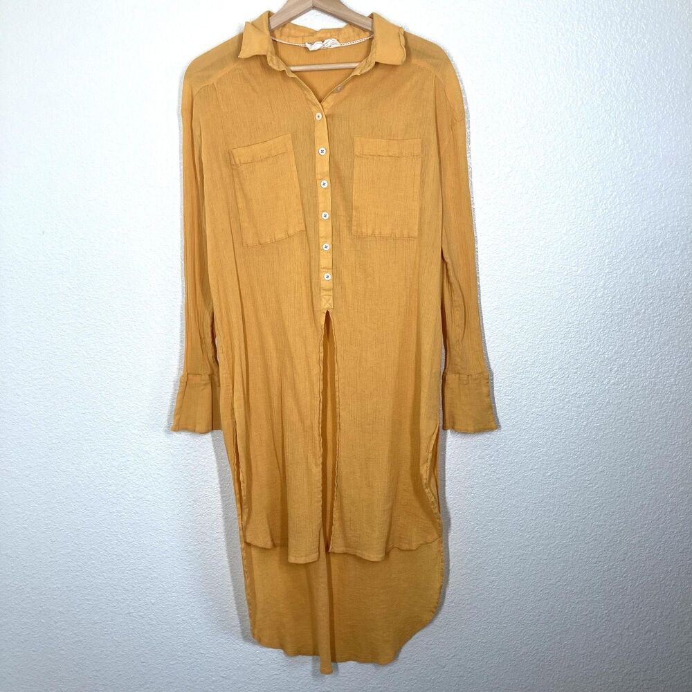 Anthropologie Dress Womens Medium Yellow Long Sleeve Button Front Tunic Cotton